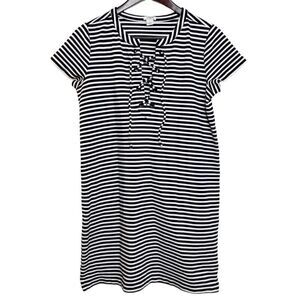 J. Crew Striped Lace Up Short Sleeve Dress Navy Blue and White Size Small